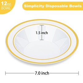BESTVIP 200 Pack Plastic Bowls with Gold Rim, 12 Oz Disposable Bowls Disposable Bowls for Parties, Wedding, Soak Proof Large Bowls for Breakfast, Lunch, and Dinner Meals