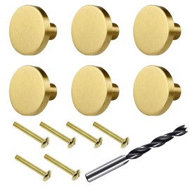 TXErfolg Cabinet Knobs, Gold Furniture Knobs, Round, Pack of 6, Solid Brass Furniture Handles, Cabinet Handles with 6 Screws and M4 Woodworking Drill Knobs for Cabinet Doors, Dresser Drawers (25 x 20