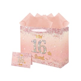 13” 16th Birthday Gift Bag Pink Sweet 16 Gift Bag for Girls