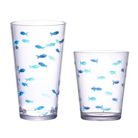 KLIFA- CHARLESTON- 16.5 & 19 oz, Set of 8, Acrylic Fishing Highball, School of Fish Drinking Glasses, BPA-Free, Stackable Plastic Drinkware, Dishwasher Safe Cups, Dark and Light Blue Printing