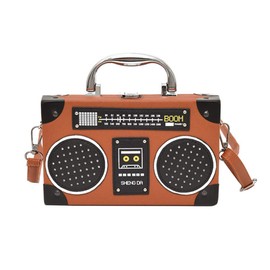 Vintage Radio Recorder Clutch Handbag Leather Top Metal Handle Crossbody Small Box Bag Shoulder Bag, Brown