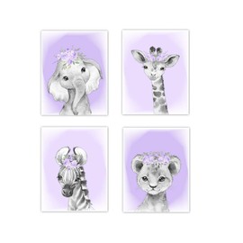 Baby Girl Nursery Wall Art Purple Floral Crown Safari Animals Elephant Giraffe Lion Zebra Decor 4 UNFRAMED PRINTS