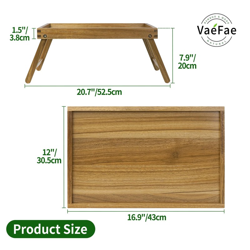 VaeFae Acacia Bed Table Tray, Wooden Breakfast Tray with Folding