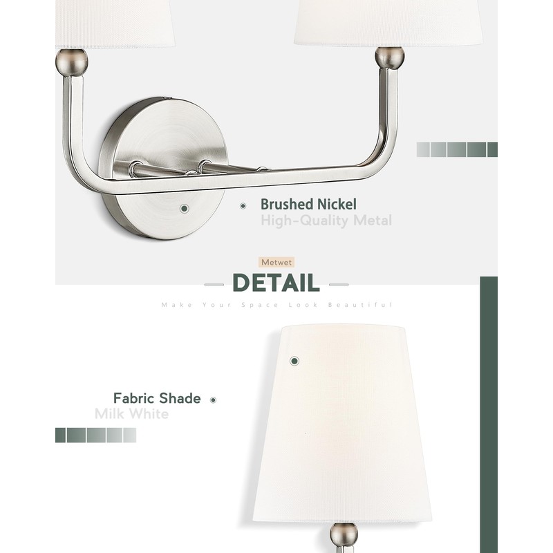 METWET 2-Light Bathroom Light Fixtures, Brushed Nickel Vanity Lights, Double