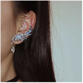 Yheakne Boho Crystal Angel Wing Earrings Silver Rhinestone Wing Earrings Cz Crystal Ear Climber Earrings Guardian Wing Clip on Earrings Jewelry for Women and Girls Gifts