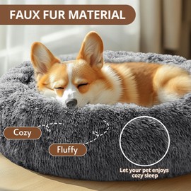 JOLLYVOGUE Calming Dog Bed Large Size Dog, Anti-Anxiety Donut Large Pet Bed, 36 inches Fluffy Faux Fur Round Cat Bed, Fits up to 75 lbs Pets (Smoke Black)