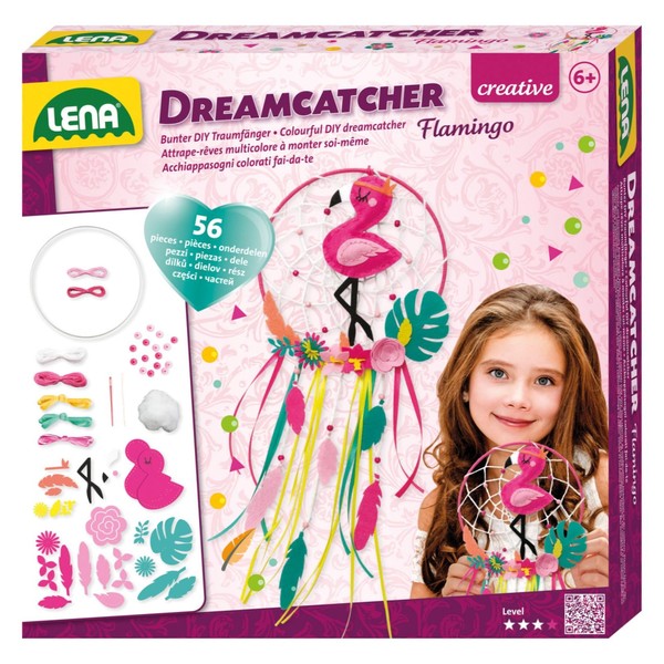 Lena 42700 Dreamcatcher Flamingo Craft Set, 56 Pieces, Complete Set for Dream Catcher Crafts with Ring, Coloured Ribbons & Cords, Plastic Needle, Beads and Fabric Flowers, Set for Children from 6