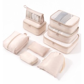 Meowoo 9Pcs Packing Cubes for Suitcases, Waterproof Luggage Organizer, Storage Bags Travel Essentials Bag with Cable Organisers Bag (Beige)