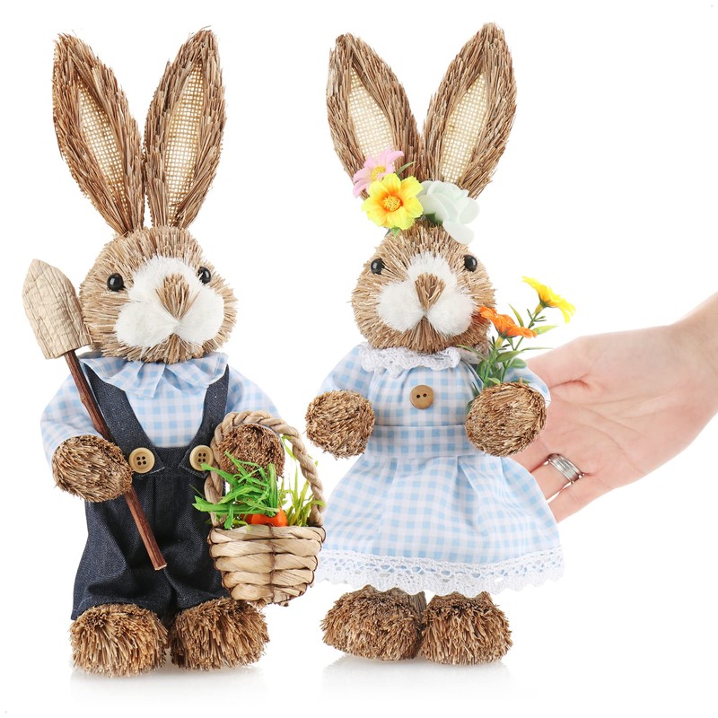 com-four® 2 x Handmade Straw Easter Bunny - Decorative Easter