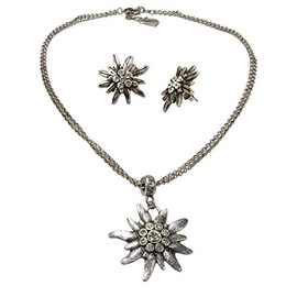 Alpenflüstern Costume Jewellery Set Costume Necklace and Stud Earrings Rhinestone Edelweiss – Women's Costume Jewellery Set Dirndl Necklace and Costume Earrings Antique Silver Colours SET030, 65%