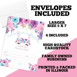 Bunny Face with Pink Blue and Purple Watercolor Flowers Birthday Party Invitations for Girls, 4 5"x7" Fill In Cards with Four White Envelopes Bunny Theme Invites Pary Supplies by AmandaCreation