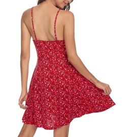 Missufe Spaghetti Strap Floral Mini Dress Women's Casual Ruched Front Drawstring Swing Sundress (Red1, Large)