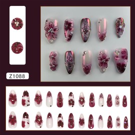 NEWSPIED Summer Flower Press on Nails Medium Almond Fake Nails with Rhinestones Designs Full Cover Glue on Nails Artificial 3D Nails Press ons Red Acrylic Nails Reusable Handmade False Nails for Women 24Pcs
