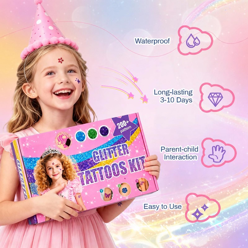Children's Glitter Tattoo Set, 36 Colours, Waterproof Glitter Tattoos