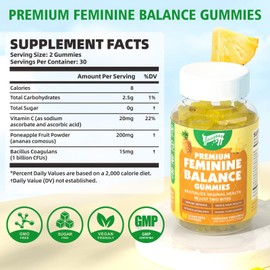 Premium Feminine Balance Gummies for Women's Immune Health, Hawaiian Pineapple Gummies Support pH Balance & Immune Support, Vegan, Gluten-Free, 120 Gummies ﻿