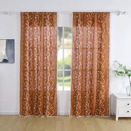 Schweek Rust Orange Boho Curtains 96 Inch Length Linen Window Curtains for Living Room 2 Panels, Vintage Farmhouse Printed Floral Rustic Curtain Drapes Terracotta