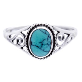 WINDALF Bohemia Women's Lucky 9 mm Elves Ring Lucky & Friendship Ring Vintage 925 Sterling Silver, Fabric, Turquoise