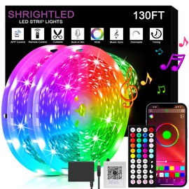 SHRIGHTLED Led Lights for Bedroom 130ft (2 Rolls of 65ft) Music Sync Color Changing, Bluetooth RGB Led Strip Lights with Remote and Smart App Control, for Room Lighting Flexible Home Décor