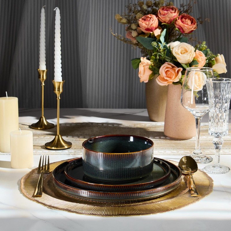 E-far Stoneware Dinnerware Sets, 18-Pieces Modern Plates and Bowls Sets,