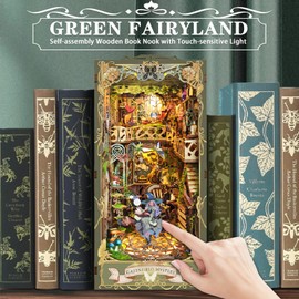 DIY Book Nook Kit, DIY Miniature Dollhouse Kit for Adults and Teens, Book Nook Bookshelf Insert Decor 3D Wooden Puzzle Bookend Miniature Kit with Sensor Light Creative Craft (Green Fairyland)