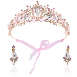 Pink Crystal Crown for Girls, Crystal Women Crown with Ear Clips Hairband Rhinestone Princess Bridal Tiara Prom Pageant Headband Costume Accessories for Birthday Party Wedding
