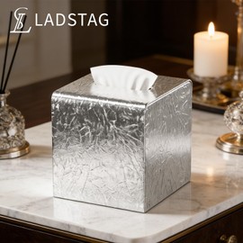Silver Tissue Box Cover,Square Leather Tissue Box Cover with Magnetic Closure,Tissue Vessel for Bathroom Toilet Bedroom Living Room Table Desk Office,Modern Home Decor