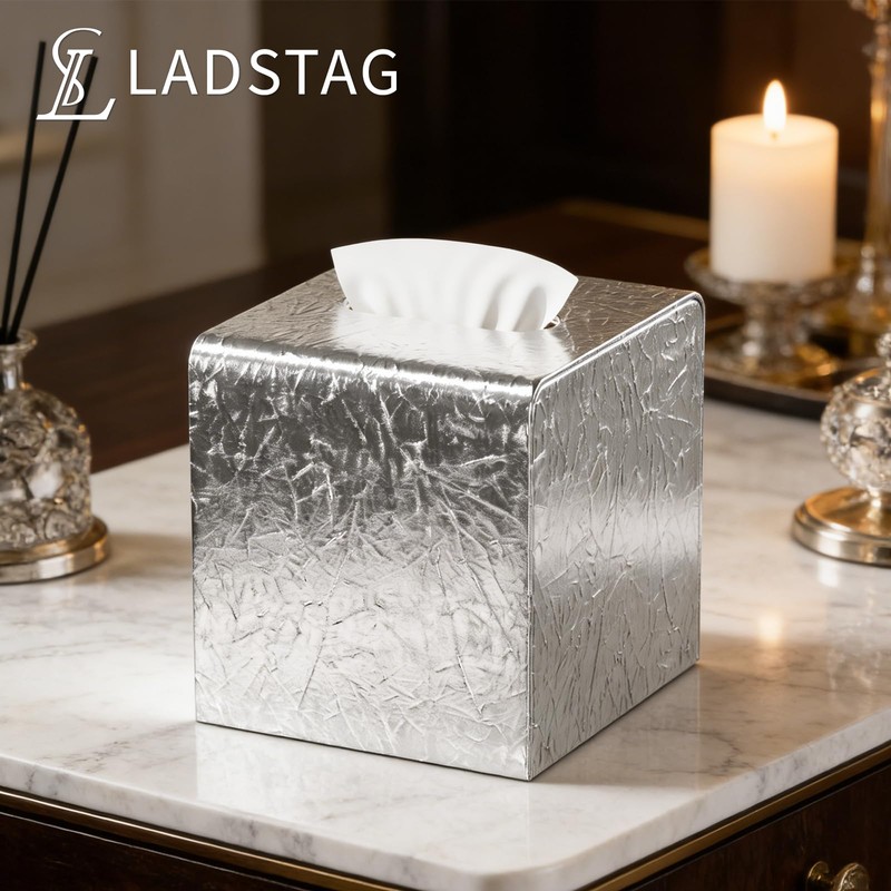 Silver Tissue Box Cover,Square Leather Tissue Box Cover with Magnetic