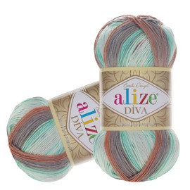 Alize Diva Batik Knitting Yarn 100 g Colour Gradient Crochet Yarn Wool Knitting Crochet, Colour: 5550 Mint | Grey | Brown