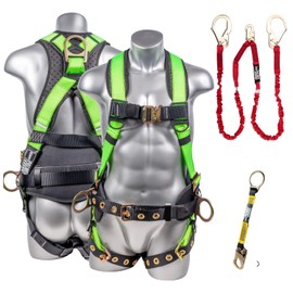 Palmer Safety Hammerhead 5pt Safety Harness 6' Safety Lanyard, D-Ring Extender Combo Kit 4 I OSHA ANSI Industrial Roofing Tool Personal Equipment (Hi Vis Green - 2XLG)