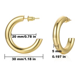 FRUMOS 14K Gold Plated Lightweight Chunky Open Hoop Earrings for Women 5mm Thick Gold Chunky Earrings Trendy Gold Large Hollow Hoop Earrings, Size 40 MM Thick 5mm, Yellow Gold Plated, No Gemstone