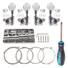 Swhmc Guitar Bass Bridge 4 String Hardtail Saddle Bridge Bass Guitar Bridge Tremolo System Tailpiece with String and Tuning Peg(2R+2L)