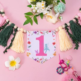 MAJCL Fairy First Birthday Decorations - Wildflower Highchair Banner with Yarn Tassels, Floral Fairies Party Garland for Girl's 1st Birthday (Chair Banner)