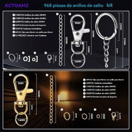 Kit de fabricación de llaveros de 968 piezas que incluye llavero, llavero, cierre de pinza de langosta y anillo de salto para hacer joyas DIY,Suministros para Manualidades(Plata y Oro)