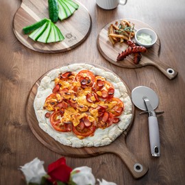 BILL.F Acacia Pizza Peel, Set of 3 Acacia Wood Cutting Board 8" 10" 12" Inch Cutting Board, Cheese Paddle Board, Bread and Crackers Platter for Serving and Minor Food Prepare with Handle and Organizer