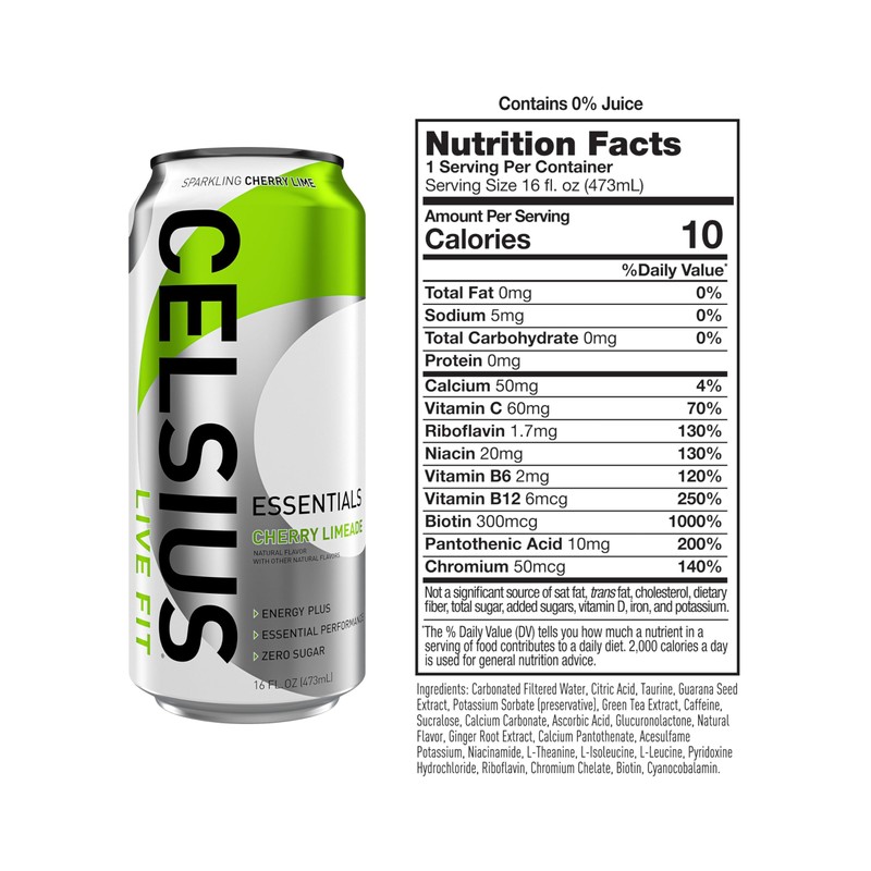 CELSIUS ESSENTIALS, Sparkling Cherry Limeade, Performance Energy Drink 16 Fl