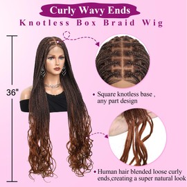 Kalyss 360° HD Full Lace Square Knotless Braided Wigs for Women Box Braid Wig with Curly End Braided Lace Front Wigs with Baby Hair Human Hair Blended Braided Wig 36" Brown