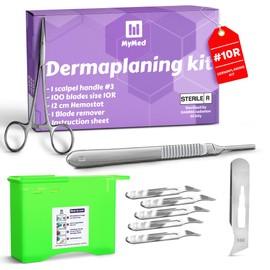 MyMed 10R Blades Dermaplaning Kit Containing 10r Blades Scalpels Pack of 100 with Dermaplane Handle #3 + Scalpel Blades Remover Box + Hemostat - Pack of Dermaplane Razor Blades for Dermaplaning