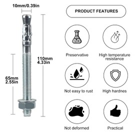 DBREAKS Bolt Anchors M10 x 110 mm, Galvanised Heavy Duty Anchor, Heavy Duty Anchor, Anchor Bolt, Flash Anchor, Wedge Anchor, Anchor Screws, Made of Galvanised Steel, Includes Nut and Washer Pack of 10