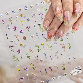 Flower Nail Art Stickers Spring Nail Stickers Decals Floral Leaf Plant Design Stickers 5D Embossed Self-Adhesive Sunflowers Daisy Lavender Nails Accessories for Women Girl Nail Art Supplies