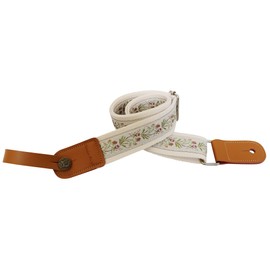 MUSIC FIRST Original Design Vintage Floral Embroidered & Genuine Leather Ukulele Strap Ukulele Shoulder Strap With a Genuine Leather Strap Locker (Creamy White Floral)
