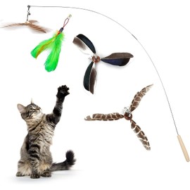 4 Pcs Ling-Luo Cat Wand Toys, Interactive Cat Toys with 3 Feather Refills, Cat Feather Propeller Wand Toy with Bell, Cat Feather Toys Replacement Refills, Indoor Cat String Toy for Kitten Training