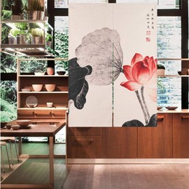 RLoncomix Japanese Noren Doorway Curtain Tapestry Traditional Chinese Lotus Handcrafted Door Curtain Room Divider for Home Decoration, 33 x 35 inch