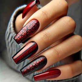 Red Press on Nails Medium Square Fake Nails Press on Glossy False Nails with Crocodile Pattern Designs Black Stripes Reusable Acrylic Nails Full Cover Stick on Nails for Women 24 Pcs