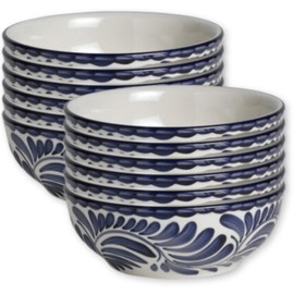 Steelite Small Serving Nappy Bowl, Anfora Puebla Blue Botanical Hand Painted Mexican Vitrified China, Commercial Restaurant Hospitality Industry Dinnerware, 5.2" Round, 2" Deep, 12 oz, Set of 12