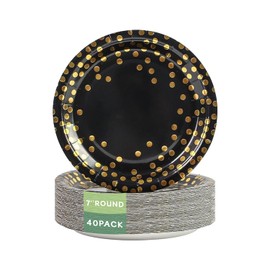 Yinbanban Stylish Paper Plates 40 Count,Eco Compostable Plates,7 inch Foil Polka Dots Black Small Paper Plates Disposable Plates for Daily Use,Party,Easter, Birthday,Wedding