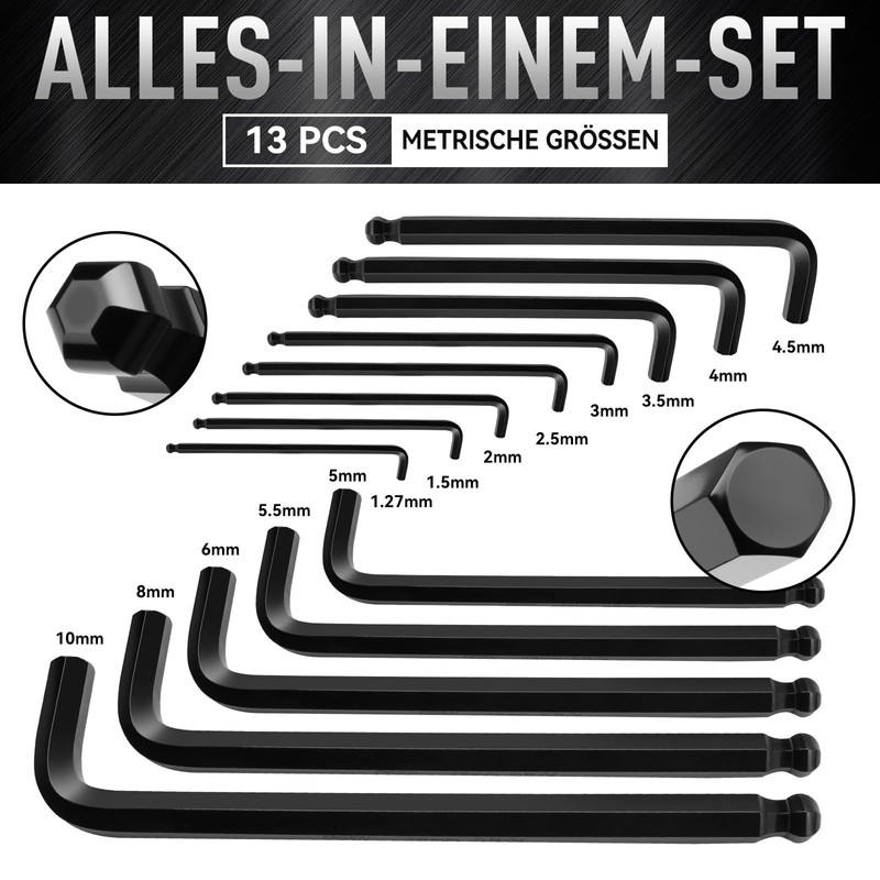 DISEN Allen Key Set 13-Piece 1, 27-10 mm, Hexagon Socket