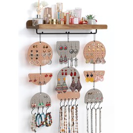 Keebofly Wall Mounted Jewelry Organizer - Boho Earring Organizer with Wood Shelf & Necklace Hooks, Acrylic Pegboard Earring Display Rack for 100+ Pairs Studs, Hoops & Dangles, Decorative Storage