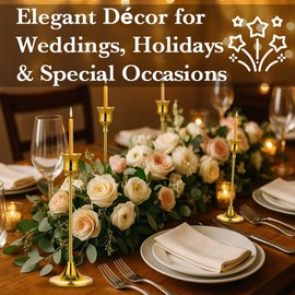 Gold Candlestick Holders Set of 6 – Decorative Taper Candle Holders for Home Decor, Weddings, Parties – Elegant Metal Candle Stands with Brushed Finish – Easy Assembly – Fits Standard & LED Candles