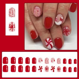 YEFIUO Christmas Red Press on Nails Short Square Xmas Winter Fake Nails Press ons Nail Art Tip Full Cover Acrylic Glossy False Nails Glue on Nail with Windmill Cane Candy Gift Box Bow Design for Women