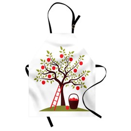 Lunarable Fruits Apron, Apple Tree, Ladder and Basket of Apples Countryside Agriculture Autumn Harvest, Unisex Kitchen Bib with Adjustable Neck for Cooking Gardening, Adult Size, Brown Green